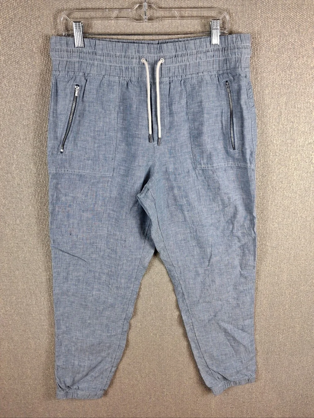 ATHLETA Cabo Linen Jogger Pants Size 14 Chambray Blue Coastal Beachy Resortwear